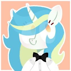 Size: 2451x2446 | Tagged: safe, artist:petruse4ka, oc, oc only, pony, unicorn, bowtie, bust, colored hooves, eye clipping through hair, eyelashes, high res, horn, orange background, simple background, smiling, solo, unicorn oc