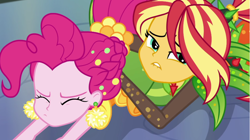 Size: 1920x1077 | Tagged: safe, screencap, pinkie pie, sunset shimmer, equestria girls, equestria girls specials, g4, my little pony equestria girls: better together, my little pony equestria girls: holidays unwrapped, o come all ye squashful, cornucopia costumes, duo, duo female, eyes closed, female, frown, gritted teeth