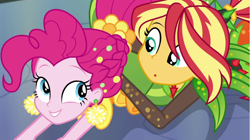 Size: 1920x1077 | Tagged: safe, screencap, pinkie pie, sunset shimmer, equestria girls, equestria girls specials, g4, my little pony equestria girls: better together, my little pony equestria girls: holidays unwrapped, o come all ye squashful, :o, cornucopia costumes, duo, duo female, female, grin, looking at each other, open mouth, smiling