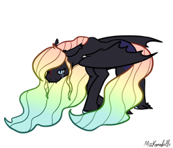 Size: 1750x1500 | Tagged: safe, artist:misskanabelle, oc, oc only, oc:moondancer, bat pony, pony, bat pony oc, bat wings, female, mare, multicolored hair, offspring, parent:king sombra, parent:princess luna, parents:lumbra, rainbow hair, signature, simple background, solo, story included, transparent background, wings