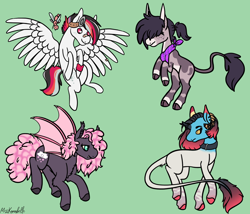 Size: 1750x1500 | Tagged: safe, artist:misskanabelle, oc, oc only, bat pony, earth pony, pegasus, pony, bat pony oc, bat wings, collar, colored hooves, earth pony oc, green background, hair over eyes, leonine tail, neckerchief, pegasus oc, rearing, signature, simple background, spread wings, wings