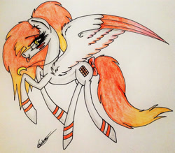 Size: 1917x1683 | Tagged: safe, artist:beamybutt, oc, oc only, pegasus, pony, bow, eyelashes, female, jewelry, mare, necklace, pegasus oc, signature, solo, tail bow, traditional art, two toned wings, wings
