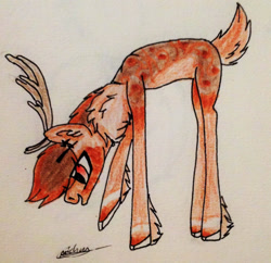 Size: 1464x1417 | Tagged: safe, artist:beamybutt, oc, oc only, deer, deer pony, original species, pony, antlers, chest fluff, ear fluff, hoof fluff, looking down, signature, solo, traditional art