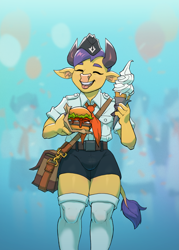 Size: 2561x3586 | Tagged: safe, artist:tass_the_bovine, oc, oc only, cow, yak, anthro, alternate universe, burger, calf, childrens day, food, high res, ice cream, male, parallel universe, solo, yakponia, yakponian, young pioneers