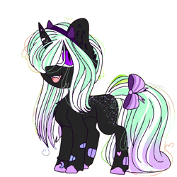 Size: 1000x1000 | Tagged: safe, anonymous artist, oc, oc:star pierce, demon, demon pony, pony, unicorn, blank flank, bow, bracelet, butt freckles, chest fluff, colored, cute, ear fluff, fangs, female, filly, flat colors, freckles, gradient mane, gradient tail, headband, horn, jewelry, looking at you, open mouth, simple background, slit pupils, solo, spots, tail, tail bow, unshorn fetlocks, white background