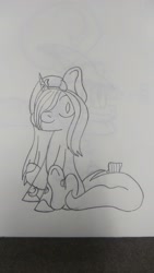 Size: 2340x4160 | Tagged: safe, anonymous artist, oc, oc:star pierce, demon, demon pony, pony, unicorn, bow, fangs, female, filly, freckles, headband, horn, looking at you, sitting, slit pupils, solo, spots, tail, tail bow, traditional art