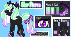 Size: 4688x2500 | Tagged: safe, artist:magnusmagnum, oc, oc:star pierce, demon, demon pony, pony, unicorn, accessory, blank flank, bow, bracelet, butt freckles, colored, fangs, female, filly, flat colors, freckles, gradient mane, gradient tail, headband, horn, jewelry, signature, slit pupils, solo, spots, tail, tail bow, unshorn fetlocks