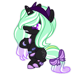 Size: 1000x1000 | Tagged: safe, artist:k00i, oc, oc only, oc:star pierce, demon, demon pony, pony, unicorn, base used, bow, bracelet, butt freckles, colored, colored pupils, female, filly, flat colors, freckles, gradient mane, gradient tail, headband, hoof on chest, horn, jewelry, simple background, solo, spots, tail, tail bow, teeth, transparent background, unshorn fetlocks, white outline