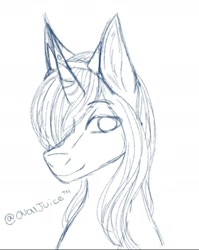Size: 1600x2014 | Tagged: safe, anonymous artist, oc, oc:star pierce, demon, demon pony, pony, unicorn, bow, bust, ear fluff, female, headband, horn, looking at you, mare, no pupils, portrait, sketch, smiling, solo