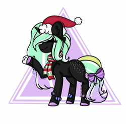 Size: 800x794 | Tagged: artist needed, safe, oc, oc:star pierce, demon, demon pony, pony, unicorn, bow, bracelet, butt freckles, christmas, clothes, ear fluff, female, filly, freckles, gradient mane, gradient tail, hat, holiday, horn, jewelry, santa hat, scarf, signature, snow, snowball, solo, spots, tail, tail bow, unshorn fetlocks
