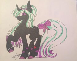 Size: 960x767 | Tagged: safe, anonymous artist, oc, oc:star pierce, demon, demon pony, pony, unicorn, blank flank, bow, bracelet, butt freckles, chest fluff, ear fluff, fangs, female, filly, freckles, headband, horn, jewelry, looking at you, signature, slit pupils, solo, spots, tail, tail bow, traditional art, unshorn fetlocks