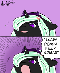Size: 500x612 | Tagged: safe, artist:melody chords, oc, oc:star pierce, demon, demon pony, pony, unicorn, angry, angry dog noises, bow, cute, fangs, female, filly, floppy ears, headband, horn, meme, no pupils, open mouth, solo, speech bubble, text, yelling