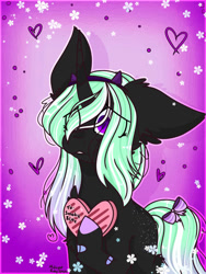Size: 775x1031 | Tagged: safe, artist:midnight ruby, oc, oc only, oc:star pierce, demon, demon pony, pony, unicorn, blank flank, bow, butt freckles, chest fluff, ear fluff, female, filly, flower, freckles, gradient mane, gradient tail, headband, heart, holiday, horn, one ear down, present, signature, slit pupils, solo, spots, tail, tail bow, valentine's day