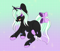 Size: 2853x2422 | Tagged: safe, artist:shadowmlp, oc, oc:star pierce, demon, demon pony, pony, unicorn, blank flank, bow, butt freckles, cute, ear fluff, eye clipping through hair, female, filly, freckles, gradient background, gradient mane, gradient tail, happy, headband, high res, horn, open mouth, slit pupils, solo, spots, tail, tail bow, watermark