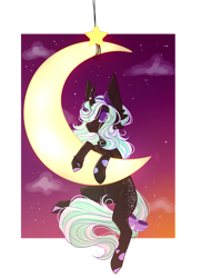 Size: 761x1050 | Tagged: safe, artist:keltonia, oc, oc:star pierce, demon, demon pony, pony, unicorn, blank flank, blushing, bow, butt freckles, chest fluff, cloud, cute, ear fluff, eye clipping through hair, female, filly, freckles, hanging, headband, horn, looking up, moon, no pupils, sky, smiling, solo, spots, stars, sunset, tail, tail bow, transparent background