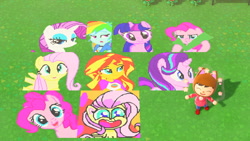Size: 1280x720 | Tagged: safe, artist:karadeg, fluttershy, pinkie pie, rainbow dash, rarity, starlight glimmer, sunset shimmer, twilight sparkle, earth pony, human, pegasus, pony, unicorn, a friend in deed, dol-fin-ale, equestria girls, g4, g4.5, my little pony: pony life, animal crossing, breaking the fourth wall, check mark, clothes, heart, open mouth, unicorn twilight