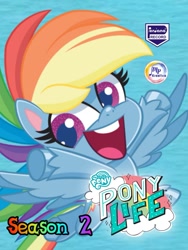 Size: 917x1221 | Tagged: safe, rainbow dash, pegasus, pony, g4.5, my little pony: pony life, dvd cover, flying, hooves in air, looking at you, my little pony logo, open mouth, perdana record, pt. musik perdana kreativa