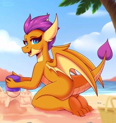 Size: 3499x3699 | Tagged: safe, artist:shadowreindeer, smolder, dragon, g4, beach, butt, dragonbutt, dragoness, female, high res, kneeling, looking at you, ocean, open mouth, open smile, palm tree, sandcastle, smiling, smiling at you, smolderriere, solo, tree