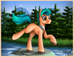 Size: 3300x2550 | Tagged: safe, artist:supermoix, hitch trailblazer, earth pony, pony, g5, cute, forest, high res, hitchbetes, male, raised hoof, river, scenery, sheriff, smiling, solo, stallion
