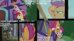 Size: 1280x720 | Tagged: safe, edit, edited screencap, editor:quoterific, screencap, apple bloom, scootaloo, sweetie belle, earth pony, pegasus, pony, unicorn, g4, marks for effort, season 8, apple bloom's bow, bipedal, bow, cutie mark crusaders, female, filly, hair bow, one eye closed, open mouth, school of friendship