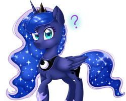 Size: 2500x2000 | Tagged: safe, artist:sweet-shroom, princess luna, alicorn, pony, g4, chest fluff, cute, female, high res, hoof shoes, lunabetes, question mark, simple background, solo, white background