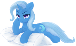 Size: 2242x1375 | Tagged: safe, artist:some_ponu, trixie, pony, unicorn, g4, fanart, female, hoof on cheek, leaning, mare, pillow, solo