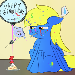 Size: 2000x2000 | Tagged: safe, artist:fortes-feather, oc, oc only, oc:forté, pegasus, pony, balloon, birthday, cake, chubby, confetti, ear piercing, eating, female, food, high res, party cannon, party popper, piercing, rainbow eyes, simple background, sitting, solo, speech bubble, sweat, sweatdrop, text