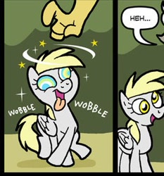 Size: 274x294 | Tagged: safe, artist:shuffle001, edit, derpy hooves, discord, draconequus, pegasus, pony, g4, the return of harmony, blurry, comic, cropped, dialogue, discorded, female, male, mare, meme, offscreen character