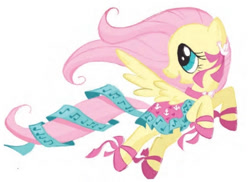 Size: 649x472 | Tagged: safe, fluttershy, pegasus, pony, g4, 2009, ballet slippers, clothes, dress, flying, heart, looking up, music notes, ribbon, shoes, show bible, slippers, smiling, wings