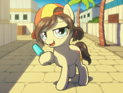 Size: 800x600 | Tagged: safe, artist:rangelost, oc, oc only, oc:tattle tail, earth pony, pony, cyoa:d20 pony, cap, cyoa, earth pony oc, female, filly, hat, looking at you, offscreen character, palm tree, pixel art, solo, story included, town, tree
