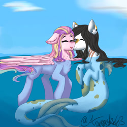 Size: 2100x2100 | Tagged: safe, artist:animeneko63, princess skyla, oc, oc only, oc:jin, hybrid, merpony, pegasus, pony, seapony (g4), pandoraverse, g4, alternate design, ear fluff, eyes closed, female, fish tail, flowing tail, high res, looking at each other, ocean, shipping, signature, species swap, sunlight, tail, underwater, water, wings