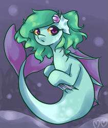 Size: 625x741 | Tagged: safe, artist:churobu, oc, oc only, merpony, bubble, dorsal fin, female, fins, fish tail, green mane, looking at you, ocean, open mouth, orange eyes, seashell, solo, tail, underwater, water