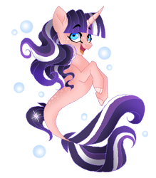 Size: 512x584 | Tagged: safe, artist:enifersuch, oc, oc only, pony, seapony (g4), unicorn, base used, blue eyes, bubble, dorsal fin, female, fish tail, flowing mane, flowing tail, horn, looking at you, open mouth, seaponified, simple background, smiling, solo, species swap, tail, transparent background