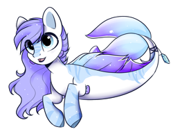 Size: 1280x989 | Tagged: safe, artist:cloud-fly, oc, oc only, hybrid, merpony, seapony (g4), art trade, blue eyes, dorsal fin, fins, fish tail, flowing mane, flowing tail, open mouth, purple mane, simple background, smiling, solo, tail, transparent background
