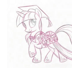 Size: 606x574 | Tagged: safe, artist:lauren faust, twilight sparkle, twilight twinkle, pony, unicorn, g4, 2009, clothes, concept art, diploma, female, graduation, graduation cap, hat, hoof shoes, mare, saddle, scholar, scroll, show bible, sketch, smiling, solo, tack, unicorn twilight