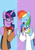 Size: 2480x3507 | Tagged: safe, artist:twidasher, rainbow dash, twilight sparkle, alicorn, pegasus, pony, g4, bowtie, clothes, duo, eyes closed, feather, female, glasses, happy, high res, lesbian, mare, meganekko, open mouth, open smile, ship:twidash, shipping, signature, skirt, smiling, suit, touching hooves, twilight sparkle (alicorn)