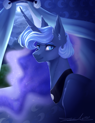 Size: 1400x1800 | Tagged: safe, artist:purplegrim40, princess luna, alicorn, pony, g4, bust, cloud, cloudy, curtains, female, looking at you, mare, moon, portrait, smiling, smiling at you, solo, window