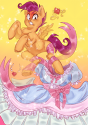 Size: 1748x2480 | Tagged: safe, artist:derrorro, scootaloo, pegasus, pony, g4, blushing, clothes, dress, jewelry, necklace, older, older scootaloo, solo, tiara