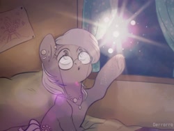 Size: 1400x1050 | Tagged: safe, artist:derrorro, oc, oc only, earth pony, pony, bedroom, commission, ear piercing, earring, glasses, jewelry, necklace, night, piercing, solo, stars, window