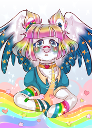 Size: 1500x2100 | Tagged: safe, artist:derrorro, oc, oc only, pegasus, pony, bandage, bandaid, bandaid on nose, collar, commission, crying, jewelry, multicolored hair, necklace, rainbow, rainbow hair, solo, ych result