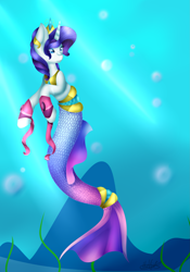 Size: 2049x2927 | Tagged: safe, artist:midfire, rarity, mermaid, merpony, pony, unicorn, g4, blue mane, bubble, crepuscular rays, crown, fish tail, flowing tail, high res, horn, jewelry, mermarity, ocean, regalia, seaponified, solo, species swap, sunlight, tail, underwater, water