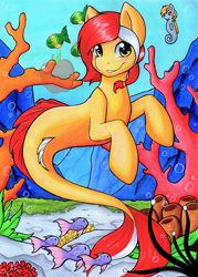 Size: 2072x2895 | Tagged: safe, artist:nana-yuka, edit, oc, oc only, fish, merpony, sea pony, seapony (g4), apple, blushing, bubble, coral, dorsal fin, female, fish tail, flowing tail, food, high res, logo, logo edit, looking at you, ocean, seaweed, smiling, solo, swimming, tail, underwater, water, yellow eyes