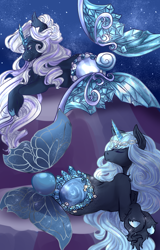 Size: 1600x2500 | Tagged: safe, artist:rosewend, oc, oc only, merpony, blue eyes, blue mane, eyes closed, fish tail, flowing mane, flowing tail, glowing, jewelry, necklace, night, regalia, rock, sky, solo, stars, tail, unshorn fetlocks