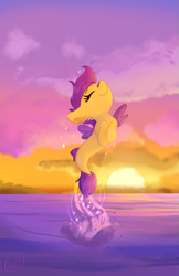 Size: 1275x1970 | Tagged: safe, artist:lbrcloud, scootaloo, pegasus, pony, seapony (g4), g4, cloud, dorsal fin, ear fluff, eyelashes, eyes closed, female, filly, fin wings, fish tail, looking up, ocean, purple mane, seaponified, seapony scootaloo, signature, sky, smiling, solo, species swap, sunlight, sunset, water, wings