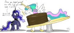 Size: 1280x566 | Tagged: safe, artist:addelum, princess celestia, princess luna, alicorn, pony, g4, atg 2021, cake, cakelestia, cross-popping veins, female, food, giant cake, knife, newbie artist training grounds, royal sisters, sibling love, siblings, sisterly love, sisters, table, that princess sure does love cake, this will end in cake or death