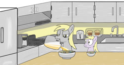 Size: 1280x678 | Tagged: safe, artist:addelum, derpy hooves, dinky hooves, pegasus, pony, g4, atg 2021, cereal, derpy being derpy, female, food, i just don't know what went wrong, it was at this moment that she knew she fucked up, juice, kitchen, like mother like daughter, like parent like child, missing horn, mother and child, mother and daughter, newbie artist training grounds, oops my bad, orange juice, this will end in tears and/or breakfast, this will not end well, uh oh