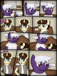 Size: 1750x2333 | Tagged: safe, artist:99999999000, oc, oc only, oc:cwe, oc:firearm king, pony, comic:visit, clothes, comic, couch, food, fork, glasses