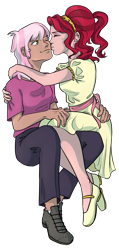 Size: 1315x2755 | Tagged: safe, artist:sychia, cheerilee, cherry jubilee, human, g4, beauty mark, belt, boots, cheek kiss, cherrycheer, clothes, commission, dress, eyes closed, eyeshadow, female, flats, hug, humanized, jeans, kissing, lesbian, makeup, one eye closed, pants, shipping, shirt, shoes, simple background, sitting on lap, socks, t-shirt, transparent background, wink