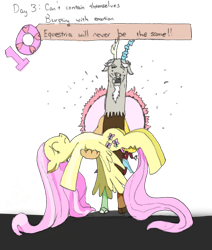 Size: 1280x1506 | Tagged: safe, artist:addelum, discord, fluttershy, draconequus, pegasus, pony, g4, atg 2021, bridal carry, carrying, crying, dc comics, duo, female, holding a pony, implied death, limp, male, newbie artist training grounds, simple background, transparent background