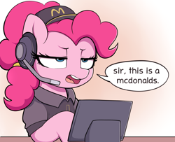 Size: 2700x2197 | Tagged: safe, artist:moozua, pinkie pie, earth pony, pony, g4, cap, clothes, dialogue, female, frown, hat, headset, high res, lidded eyes, male, mare, mcdonald's, meme, open mouth, pickles, pink fur, pink mane, pinkie pie is not amused, reference, shirt, solo, speech bubble, spongebob in the comments, spongebob reference, spongebob squarepants, squidward tentacles, talking, unamused, visor cap, working